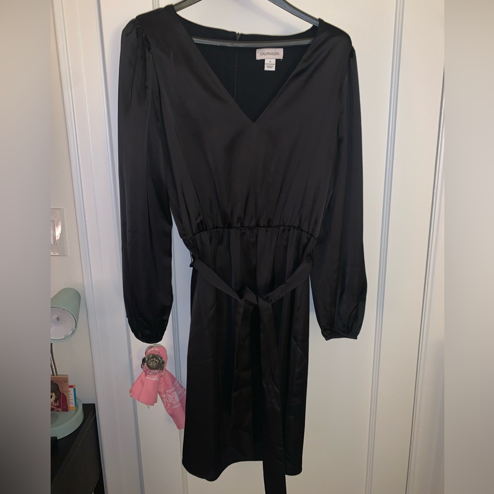 Women’s Calvin Klein Black Satin Wrap Tie Front Sheath Dress Size 10